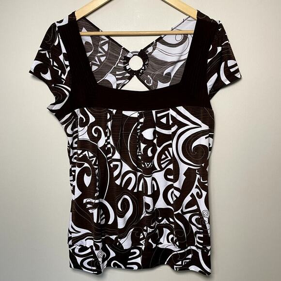 HEART & SOUL Ladies Square Neck Cap Sleeve Abstract Stretchy Peek A Boo Back XL - Picture 7 of 8